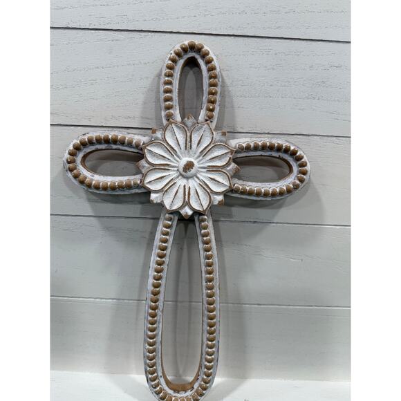 Whitewashed Beaded Wall Cross with Flower Center Farmhouse Decor 13” x 9” - Picture 5 of 5